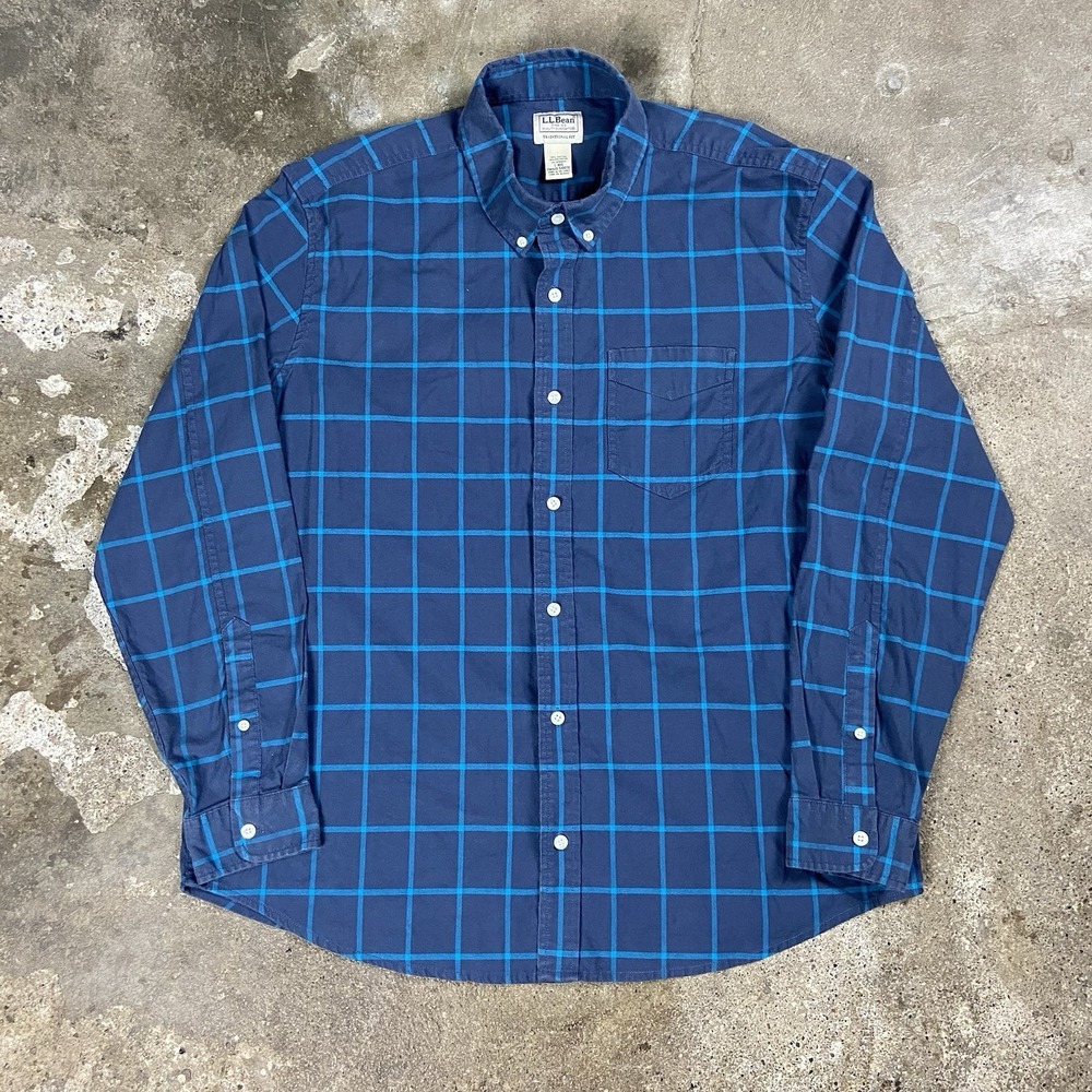 L.L.‎ Bean Button Down Shirt Size Large Blue Windowpane Plaid Traditional Fit